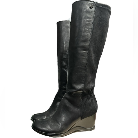 Calvin Klein boots Isila black stretch leather wedge size 7 tall boot moto boho - Picture 1 of 7